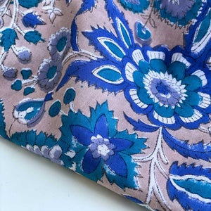 Block Print Cotton Voile Fabric - Dusty Mauve, Teal and Royal Blue - Priced per 0.5 metre