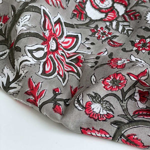 Block Print Cotton Voile Fabric - Mist, Red and White - Priced per 0.5 metre