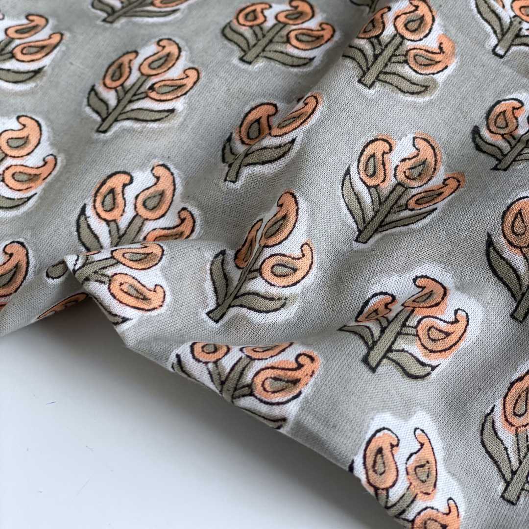 Block Print Cotton Voile Fabric - Sage and Orange - Priced per 0.5 metre