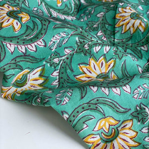 Block Print Cotton Voile Fabric - Spearmint and Sunflower - Priced per 0.5 metre