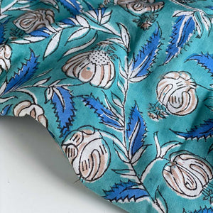 Block Print Cotton Voile Fabric - Teal, Taupe and Blue - Priced per 0.5 metre