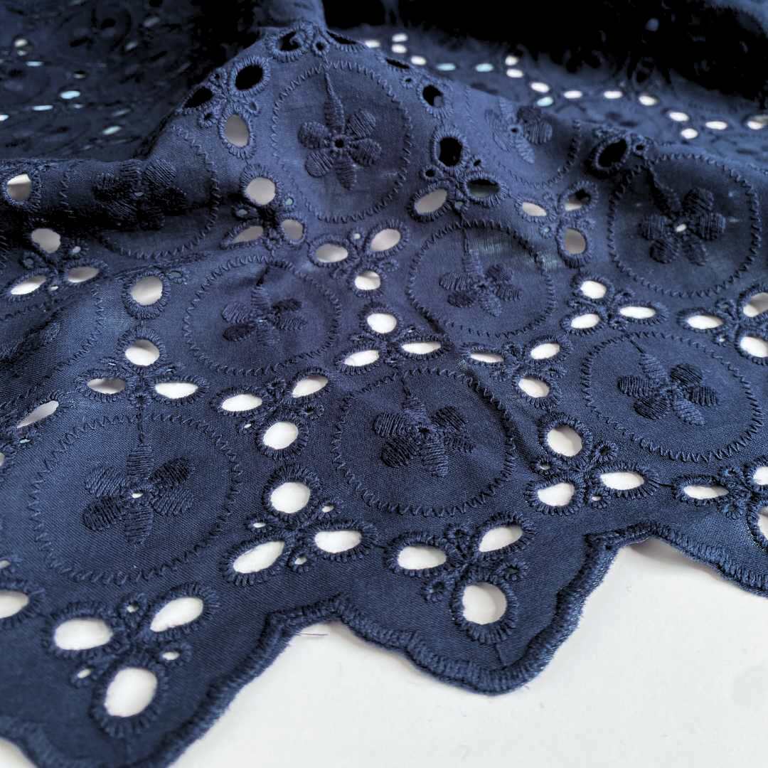 Embroidered Eyelet Cotton Voile Fabric - Dark Indigo - Priced per 0.5 metre