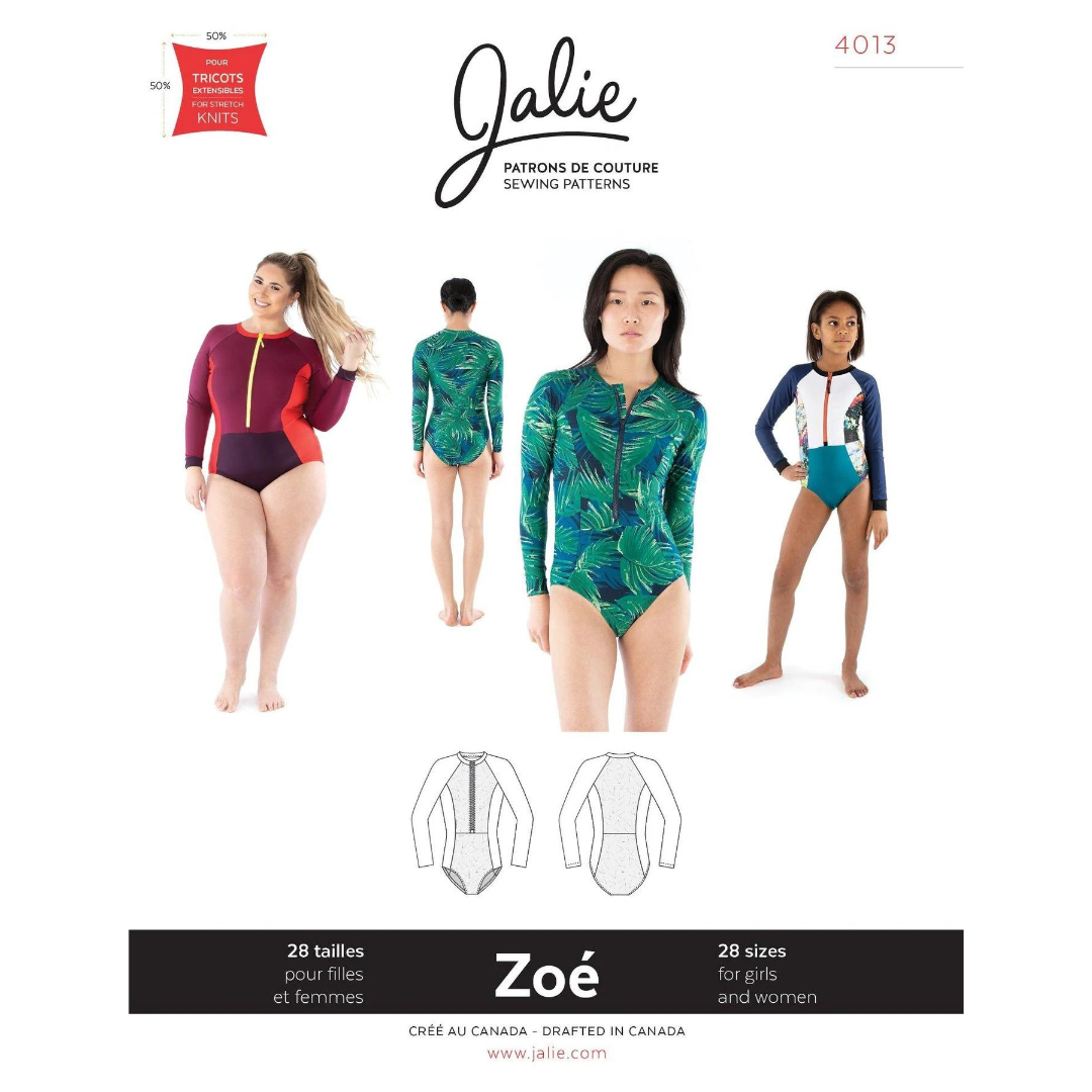 Zoe Long-Sleeve Rashguard Swimsuit by Jalie Patterns - Children and Adult Sizing