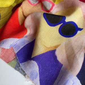 Modern Faces Viscose Fabric - Red, Yellow and Blue - Priced per 0.5 metre