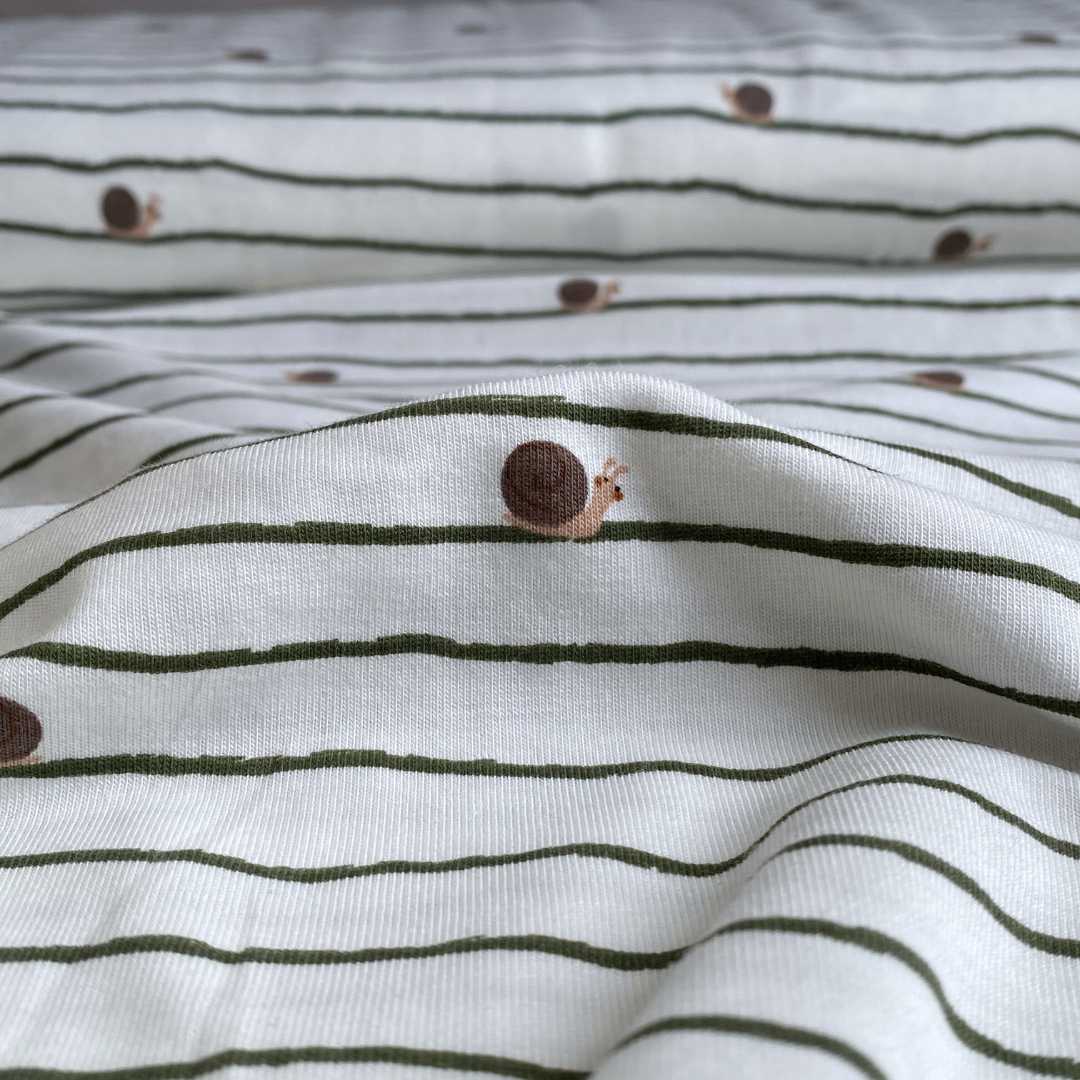 Snails and Stripes Cotton Jersey Fabric - Off White - Priced per 0.5 metre