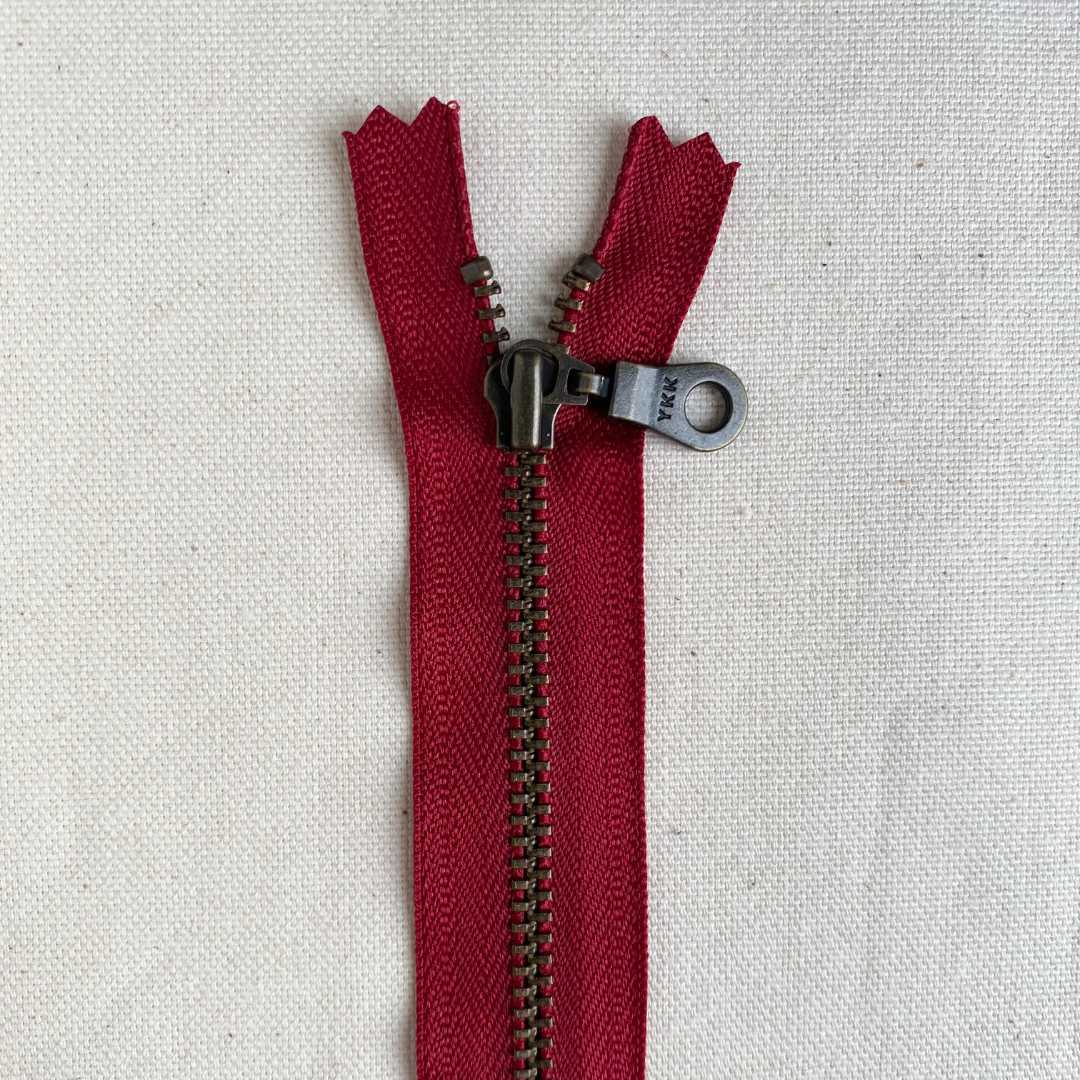 YKK No. 5 Antique Brass Metal Zip with NATULON® Recycled Tape - Closed End - CRANBERRY