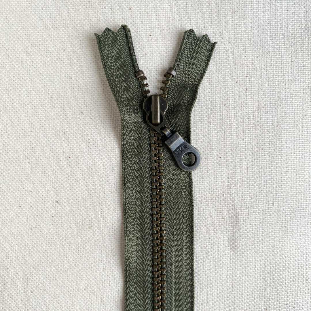 YKK No. 3 Antique Brass Metal Zip with NATULON® Recycled Tape - Closed End - OLIVE GREEN